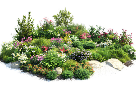 Fototapeta Garden landscape design elements, various types of plants and flowers in the garden, rockery, grass, bushes, with transparent background 