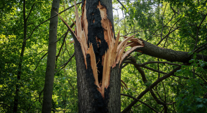 Lightning-damaged tree trunk with splintered wood exposed against green forest canopy. Weather disaster showing forest destruction and natural hazard requiring safety assessment