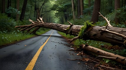 Obraz premium Low angle shot of a road with a fallen tree branch partially blocking the way 