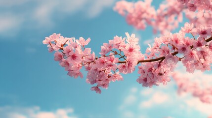A 4K photo of vivid Spring Sky with Soft Blooming Cherry Blossom Branch.