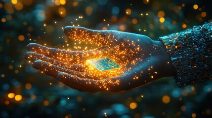 Hand holding glowing circuit board