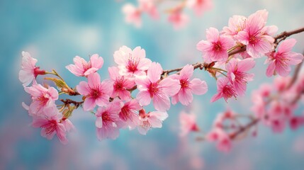 A 4K photo of vivid Spring Sky with Soft Blooming Cherry Blossom Branch.