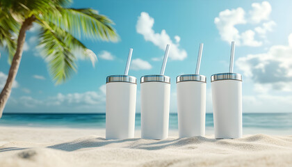 Three 20 oz tumblers with straws on tropical beach