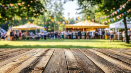 Obraz premium Wooden table top at a large festival