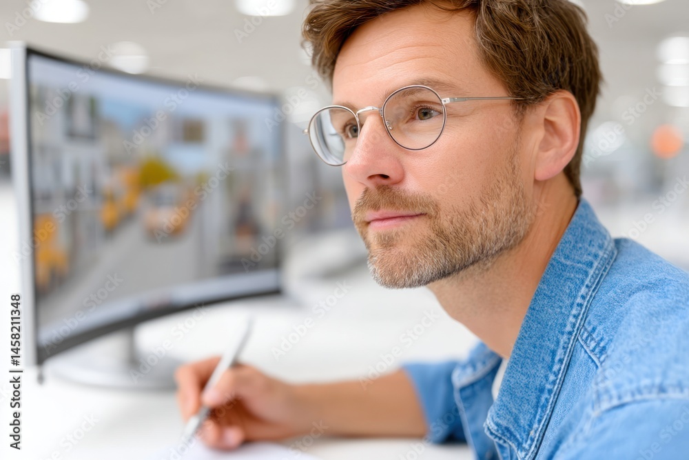Poster A focused man at work, using a computer for design, showcasing creativity and productivity in a modern office environment.