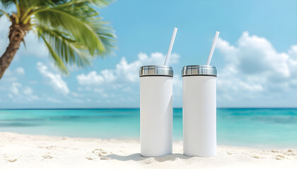 Three 20 oz tumblers with straws on tropical beach