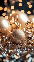 "A beautifully decorated Christmas tree with green fir branches, shiny gold and glass baubles, ornaments, and lights.