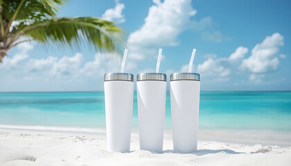 Three 20 oz tumblers with straws on tropical beach