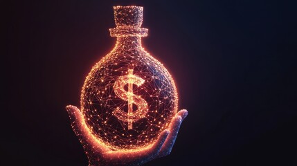 Hand holding glowing money bottle