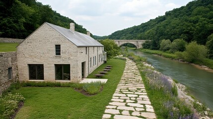 Fototapeta premium Stone house river valley bridge path landscaping