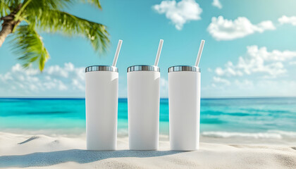 Three 20 oz tumblers with straws on tropical beach
