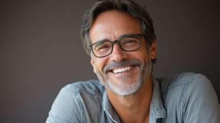 A joyful man with glasses and a charming smile, radiating confidence and warmth in a relaxed atmosphere.