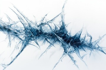 Abstract icy artwork depicting intricate, sharp, blue ice crystals against a white background.