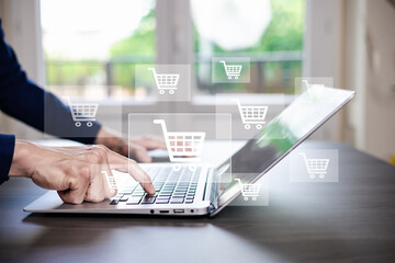 online shopping concept, marketplace website with virtual interface of online Shopping cart part of the network, Online shopping business with selecting shopping cart.