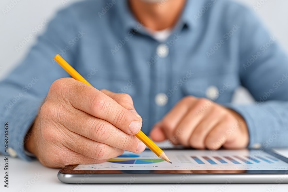 Poster A professional analyzing data on a tablet, using a pencil to annotate graphs and charts for better insights.
