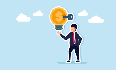 Businessman holding a glowing dollar sign light bulb with a keyhole representing key factors in realizing global business management investment ideas