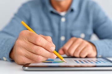 A professional analyzing data on a tablet, using a pencil to annotate graphs and charts for better insights.
