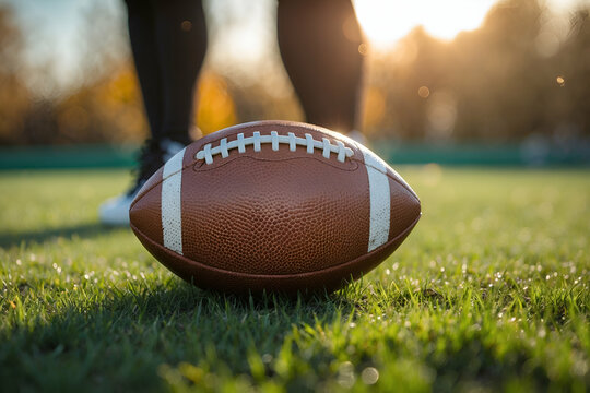 American football on green grass with player standing near sunset