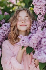 Girl in a Pink Dress with Lilacs