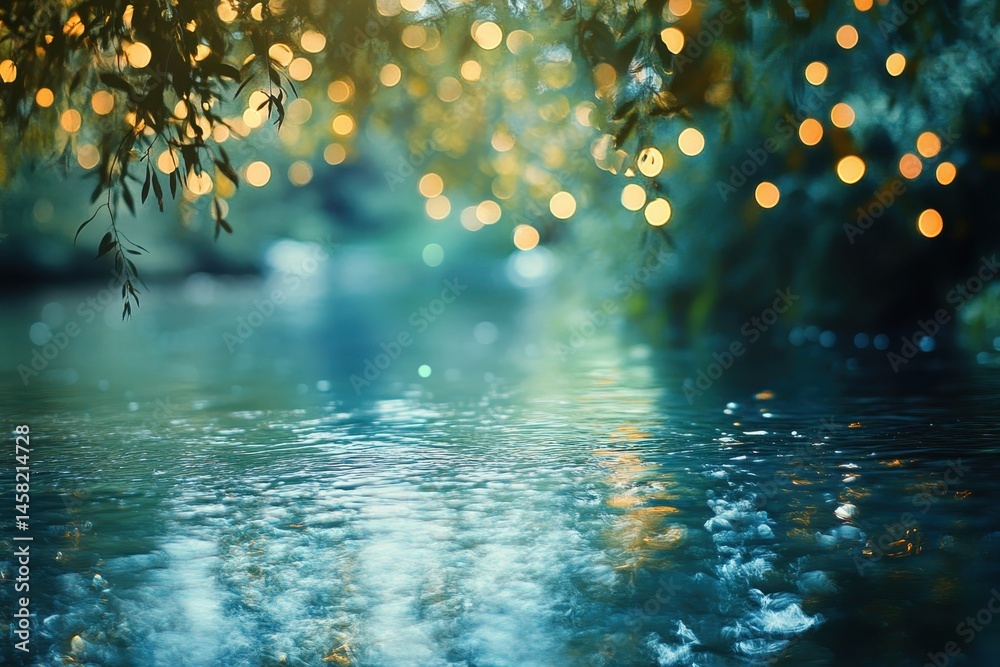 Poster Serene river stream with blurred bokeh lights creating a tranquil atmosphere during twilight hours, River stream art blurred bokeh effect video