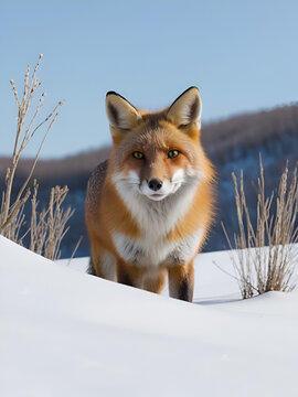 Fox's eyes peeking up over small snowy hill in a wild Canadian brushland - HD 24fps
