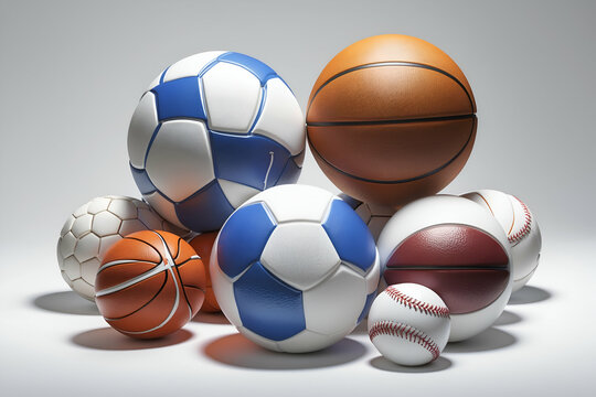 Assorted sports balls stacked together for team games and activities