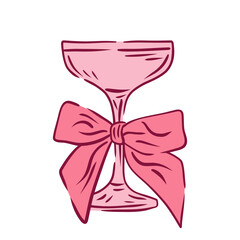 Coquette glass with bow. Girly Vibe. Aesthetic cocktails. Cute aesthetic glasses with ribbon in sketch style. Decoration bachelorette party elements for wedding invitations.