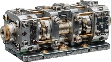 A vintage metal car engine, an isolated antique mechanical motor, a powerful industrial machine