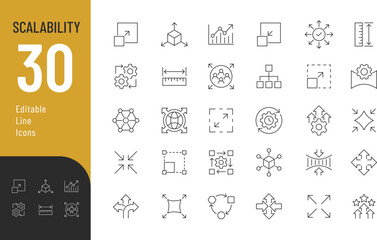 Scalability Line Editable Icons set. Vector illustration in modern thin line style of resize related icons: scale, growth, expansion, and more. Isolated on transparent background.