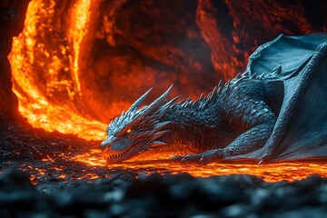 A dragon resting on lava with glowing eyes and sharp teeth in a volcanic cave background scene