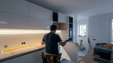 Carpenter assembling kitchen cabinets in a new apartment, working on a modern white kitchen furniture installation project