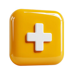 Fototapeta premium Png of Glossy yellow icon featuring a white plus sign, symbolizing addition or expansion in a vibrant design.