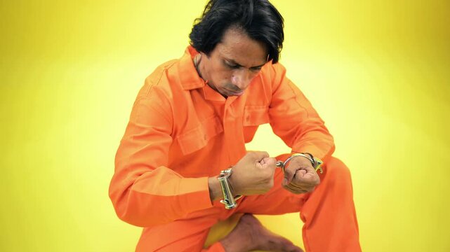 Gangster looks down attempting to break his cuffed wrists