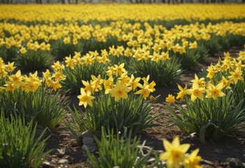 Fototapeta premium Sunlit daffodil field, vibrant yellow blooms, spring freshness, flora, detail