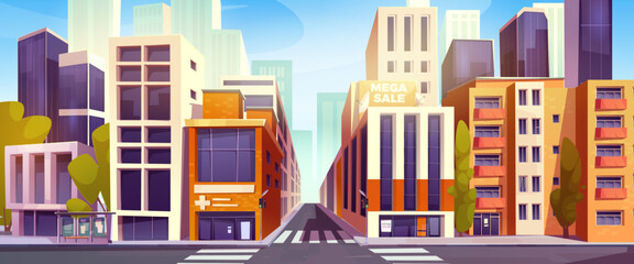 Fototapeta na wymiar City crossroad vector illustration - diverse architecture buildings, skyscrapers facades along street. Modern urban cityscape with road, crosswalk and sidewalks. Downtown contemporary constructions.