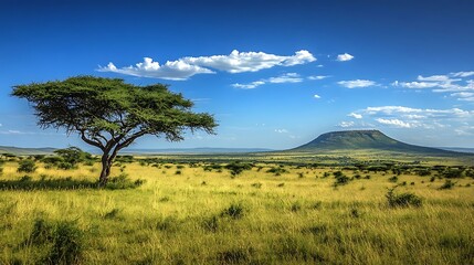 Obraz premium African savanna with acacia tree, and mountain. (1)