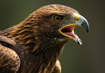 Fototapeta premium Detailed profile of a majestic eagle displaying open beak against green backdrop