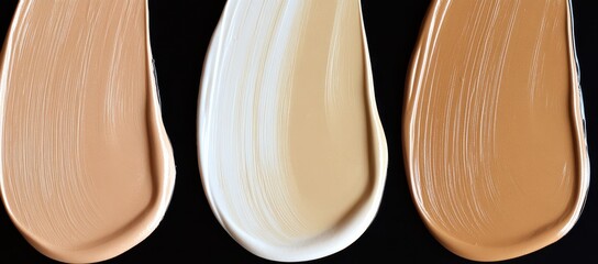 Foundation swatches in various shades displayed on a black backdrop  Different tones from light to medium to dark