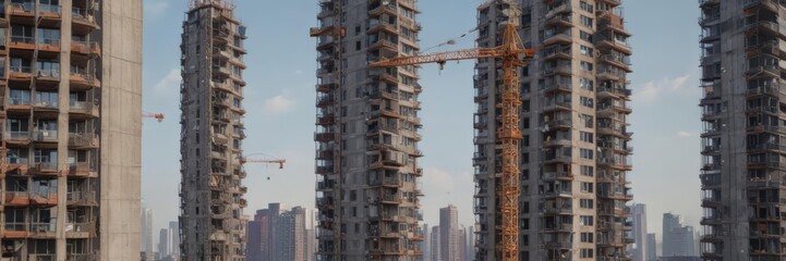 Modern high-rise apartment construction; cranes & equipment ,  progress,  equipment
