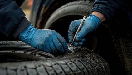 Inspecting Tire: Close-up of gloved hands checking a worn tire with a silver pen