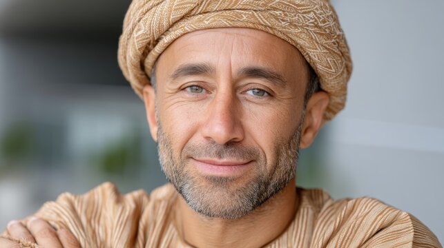 Smiling man wearing traditional attire, conveying warmth and cultural pride in a modern setting. Perfect for cultural representation.