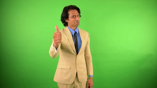 Businessman in Suit Shakes Head Refusing with Gesture