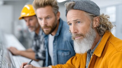 Three professionals collaborate on a project, showcasing teamwork and focus in a modern workspace.