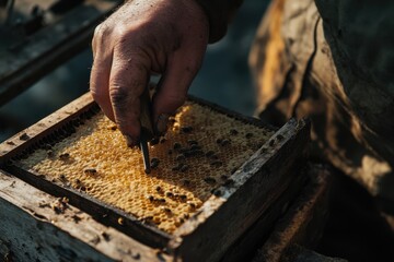 Beekeeper inspecting honeycomb frame, golden honeycombs and busy bees.