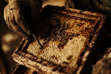 Beekeeper Examining Honeycomb Frame