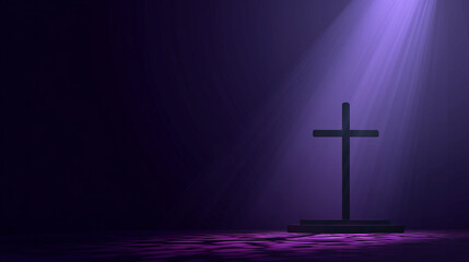 Illustration of a contemplative and prayerful atmosphere during Lent, with a large cross in the center, surrounded by soft light. Purple to black gradient background,