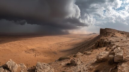 Panorama sand storm with dark clouds above arid dunes concept. Dramatic desert landscape under an approaching stormy sky.
