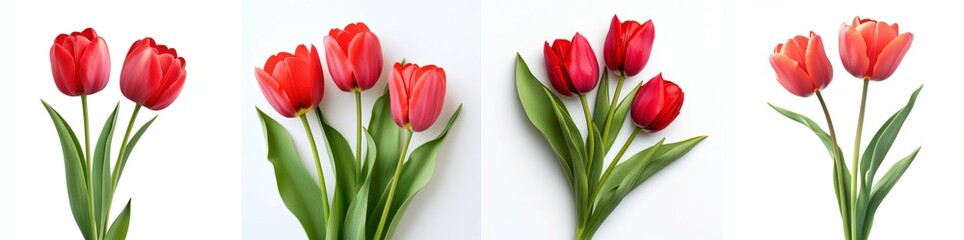 Naklejka premium Red tulips with leaves, isolate on white background. Set Collection.