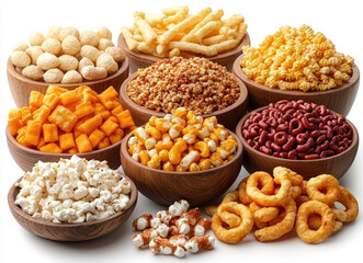 Variety of Assorted Junk Food Snacks in Wooden Bowls Presented on White Background Featuring Chips and Pretzels