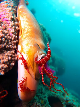 Undersea scene: The new Bearded fireworms (Hermodice carunculata) crawl to the body of the dead fish, attracted by its scent from a distance of several meters.